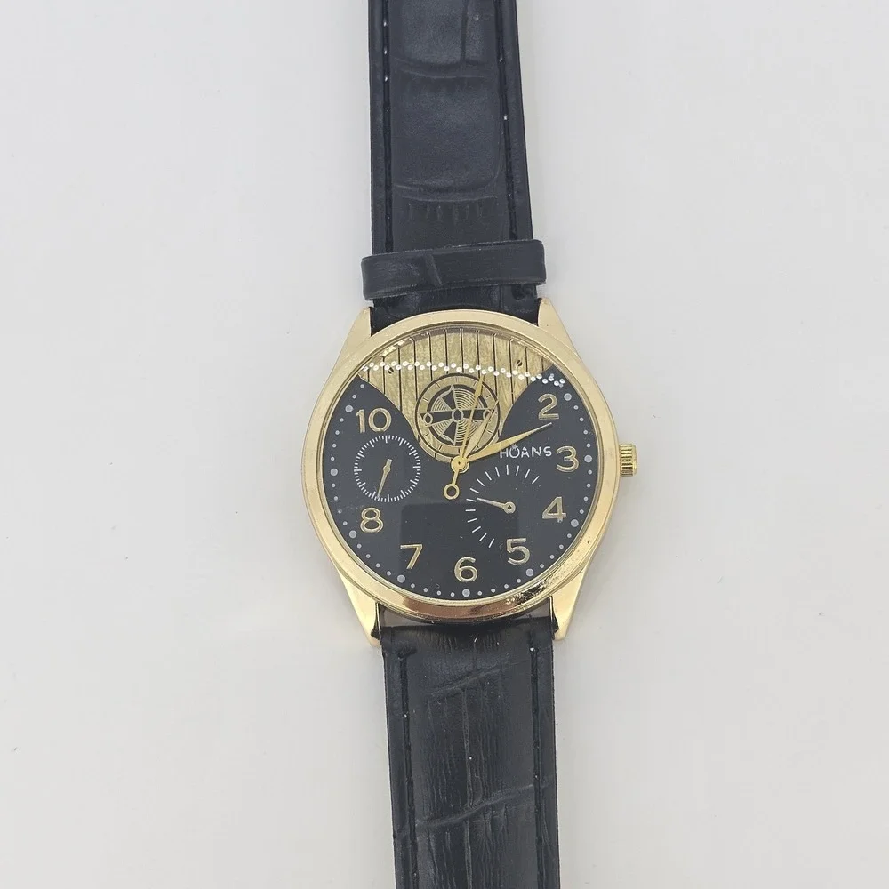 Men's Analog Watch 38MM Black Dial Black Faux Leather Bands New Battery